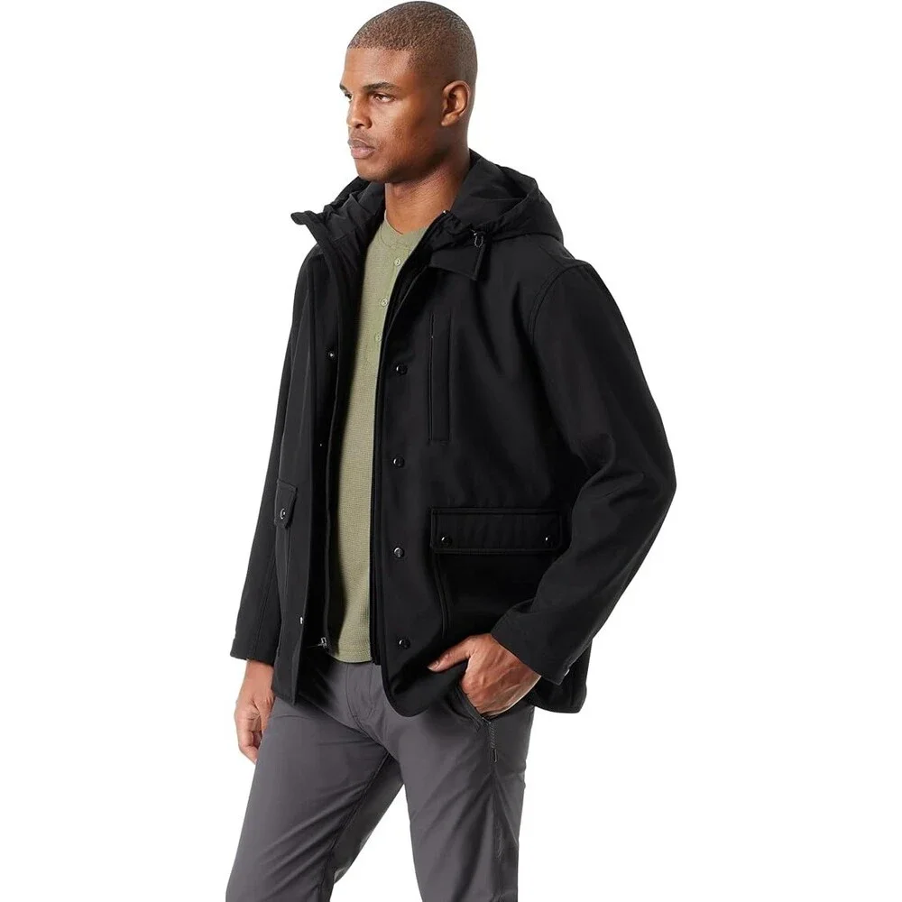 Bass Outdoor Storm System Barn Jacket Men Black Snap Button Removable Hood FTS45